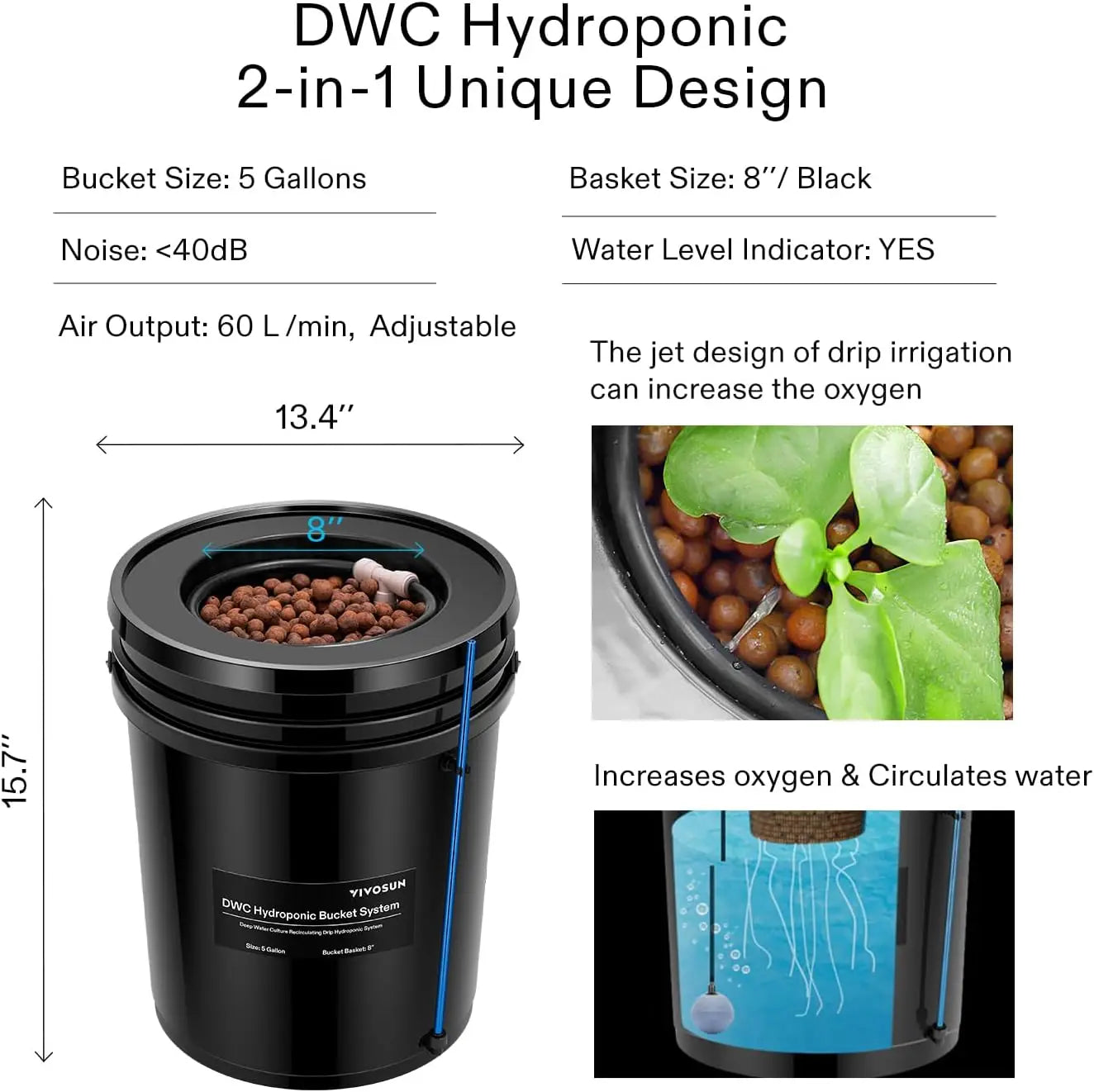 Hydroponics Grow System with Top Drip Kit, 5-Gallon Deep Water Culture, Recirculating Drip Garden System