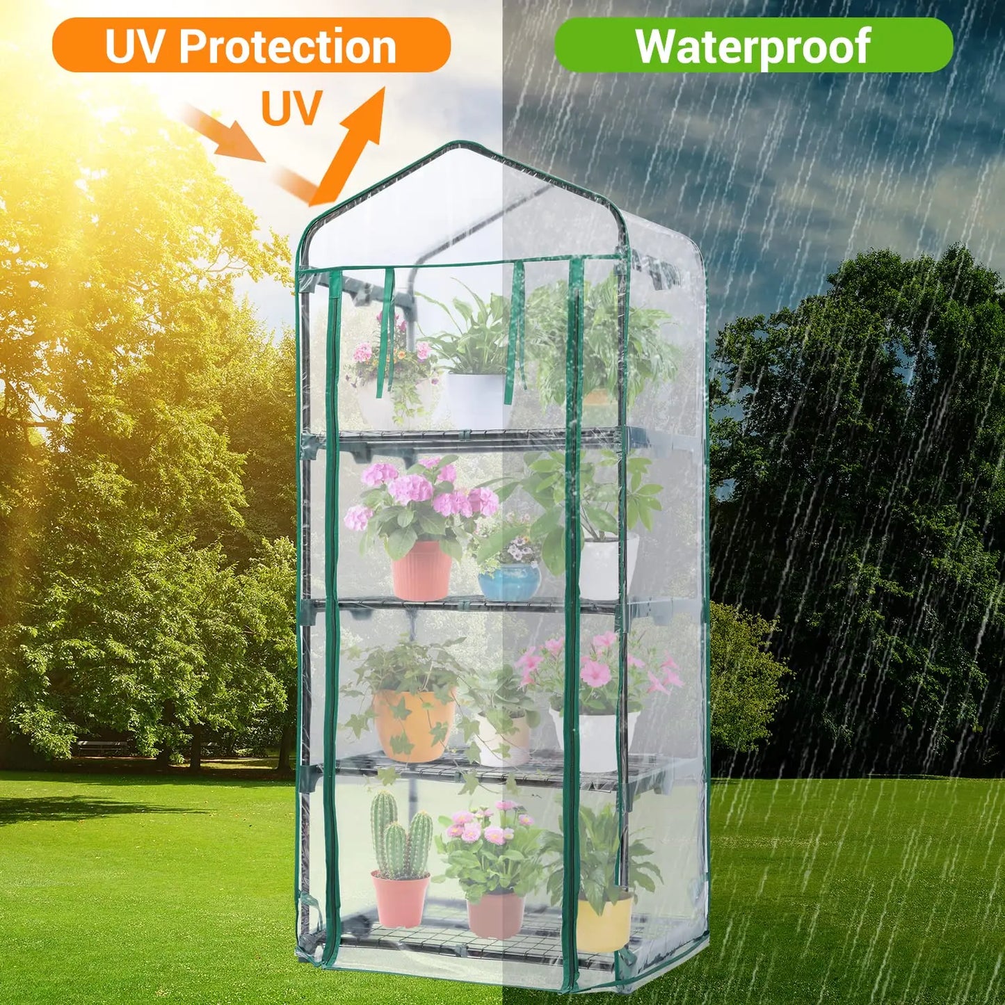 Ohuhu Mini Indoor/Outdoor Portable Greenhouse with 4 Tier Shelves, Heavy Duty Transparent PVC Cover