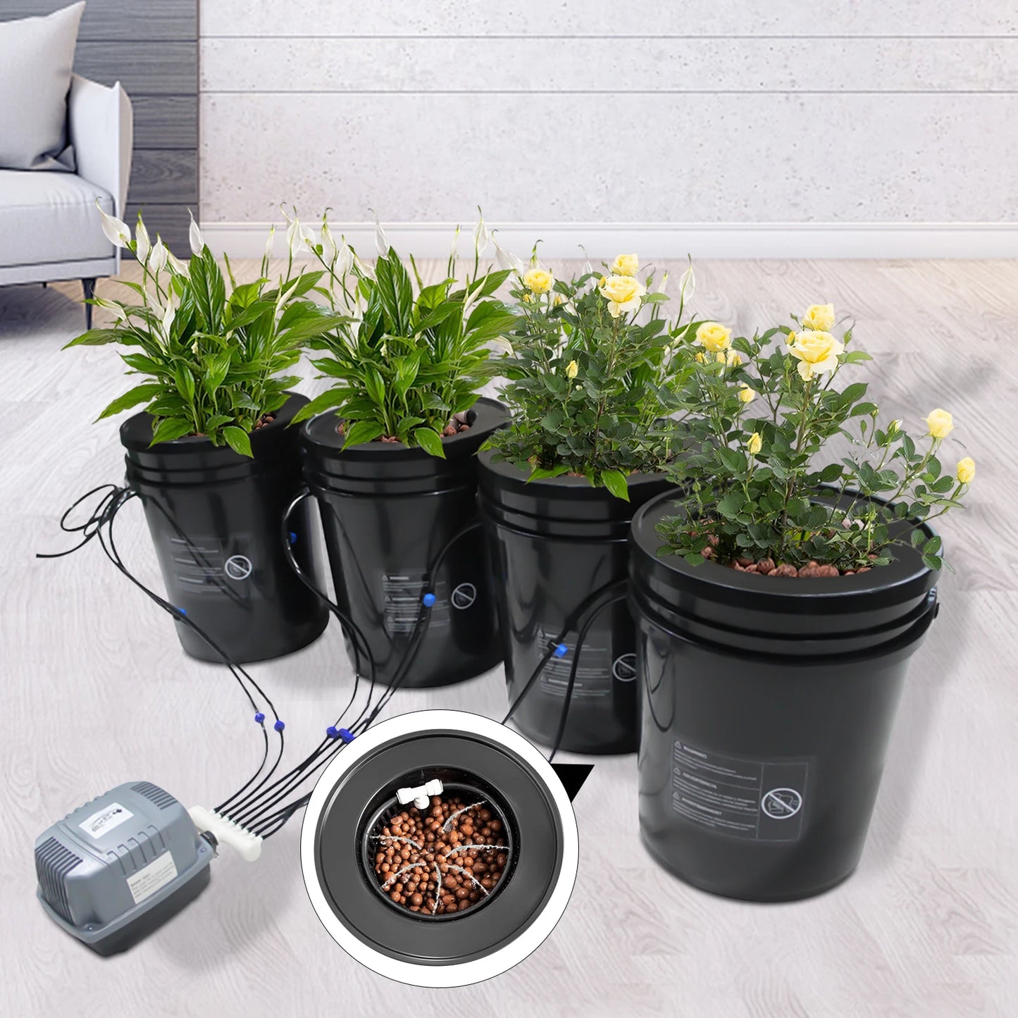 DWC Cylindrical Hydroponics Growing System Kits Recirculating Drip Garden System w/Air Hose Air Pump Air Stone