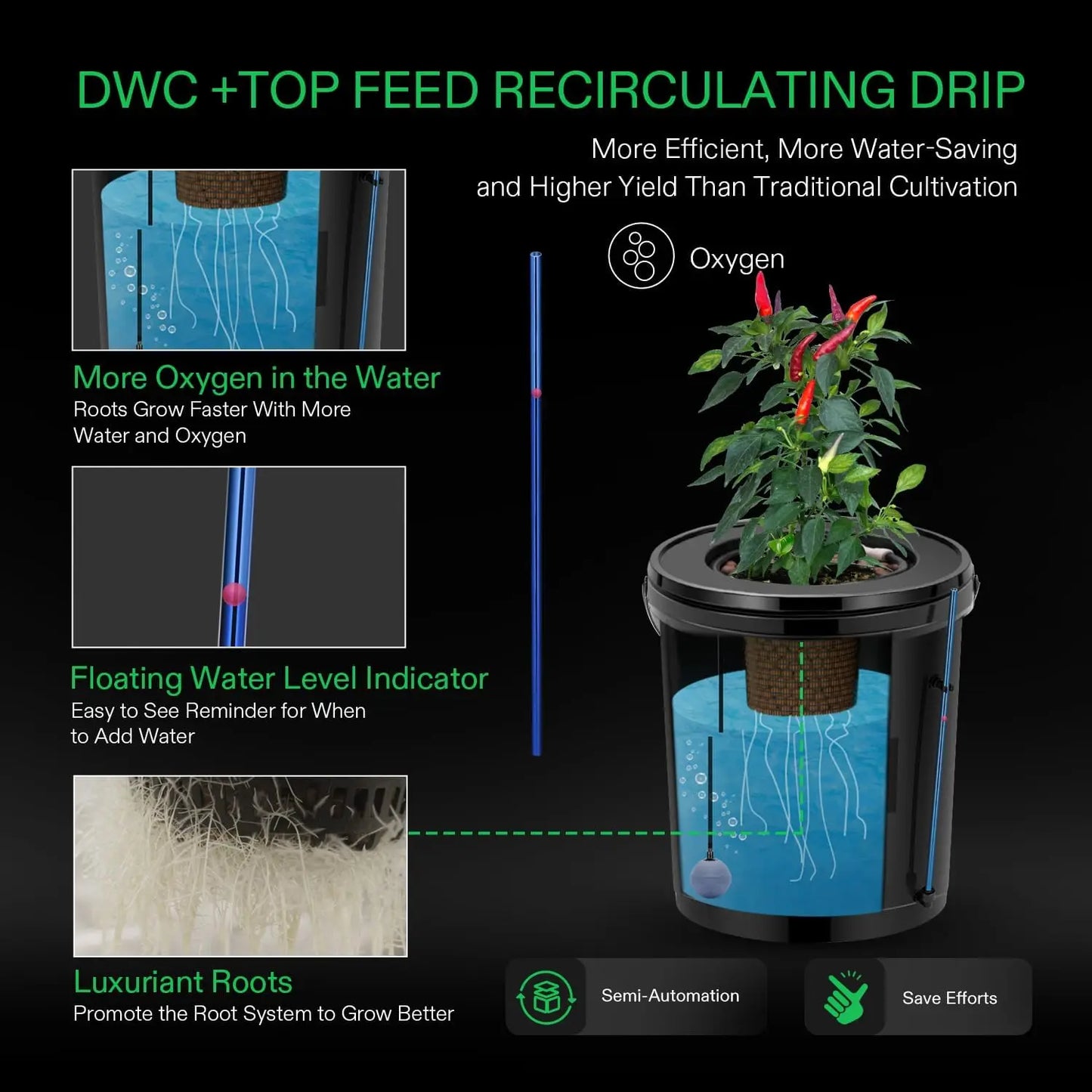 Hydroponics Grow System with Top Drip Kit, 5-Gallon Deep Water Culture, Recirculating Drip Garden System